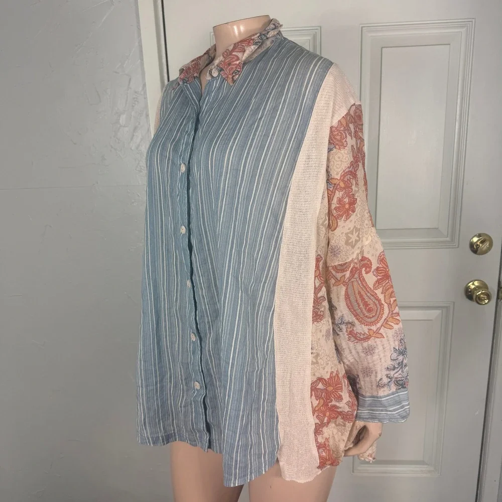Free People All Patched Up Women's Shirt XS Button Mixed Print Cotton Boho V3-9